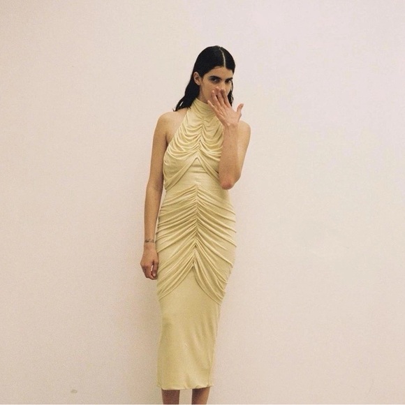 Paris Georgia Roxie Gathered Draped Halter Knit Maxi Dress Gown Butter Yellow M - Picture 5 of 16